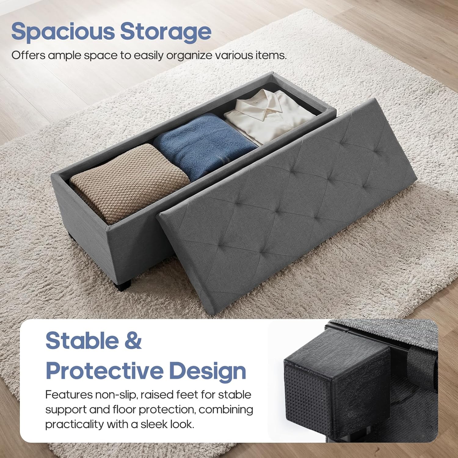 Storage Ottoman, Sturdy Ottoman Bench with Legs, Versatile Bedroom Bench with Storage for Living Room, Entryway, Bedroom, Dark Gray