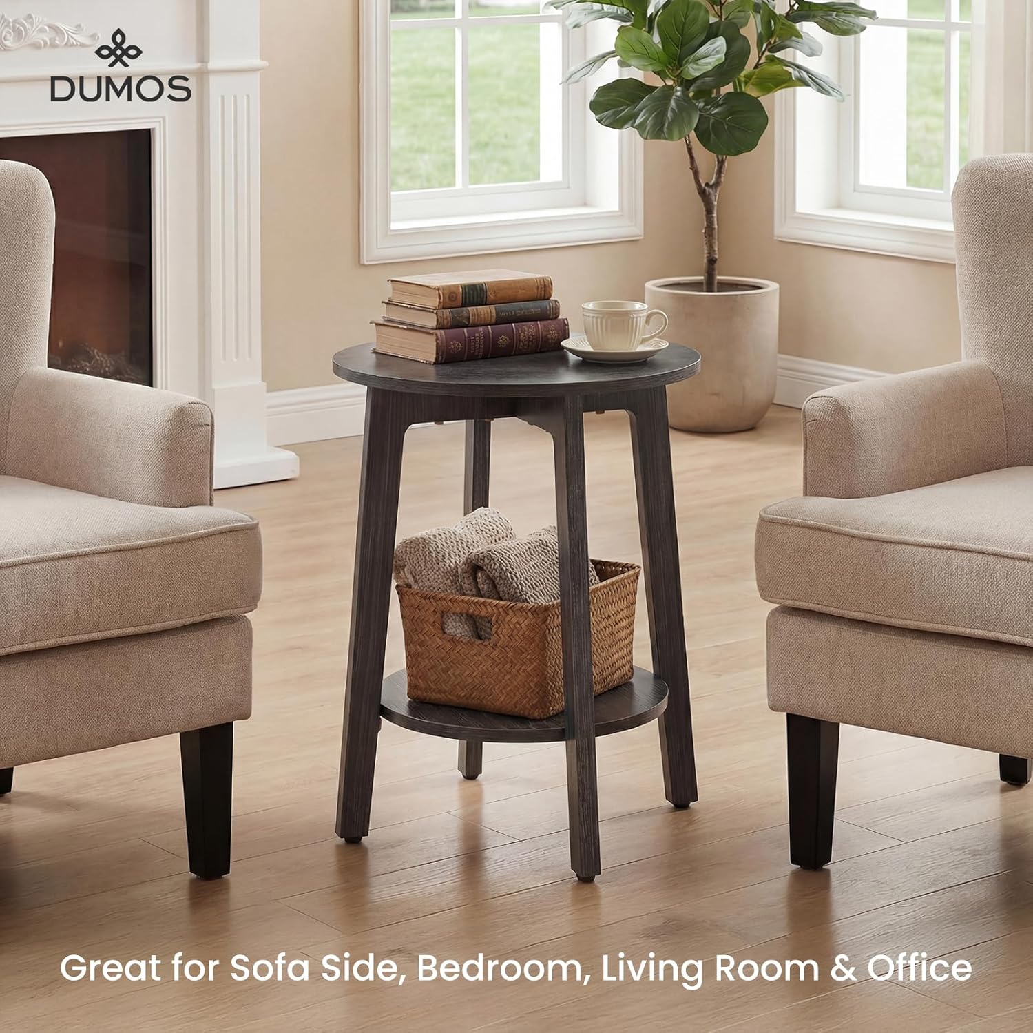 Small Round Side Tables Set of 2 for Living Room, 2-Tier Wood End Tables with Storage Shelf, 220 Lbs, Sturdy Bedside Nightstands with Non-Slip Pads, Easy Assembly, Grey