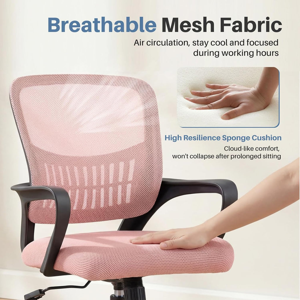 Home Office Chair - Ergonomic Mid Back Mesh Desk Chair with Lumbar Support & Rocking Mode, Height Adjustable with Fixed Armrest, for Conference, Computer, 360?? Swivel, Adults, Pink