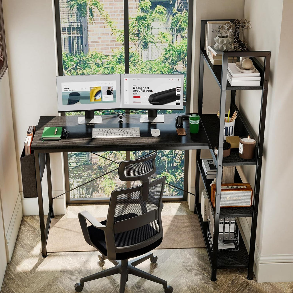 L Shaped Desk Corner Computer Table 47 Inch, L-Shaped Gaming Desks with Storage Shelf Reversible, Wood Tables with Side Bag Adjustable Feet for 2 Monitors Small Space Home Office Bedroom, Black