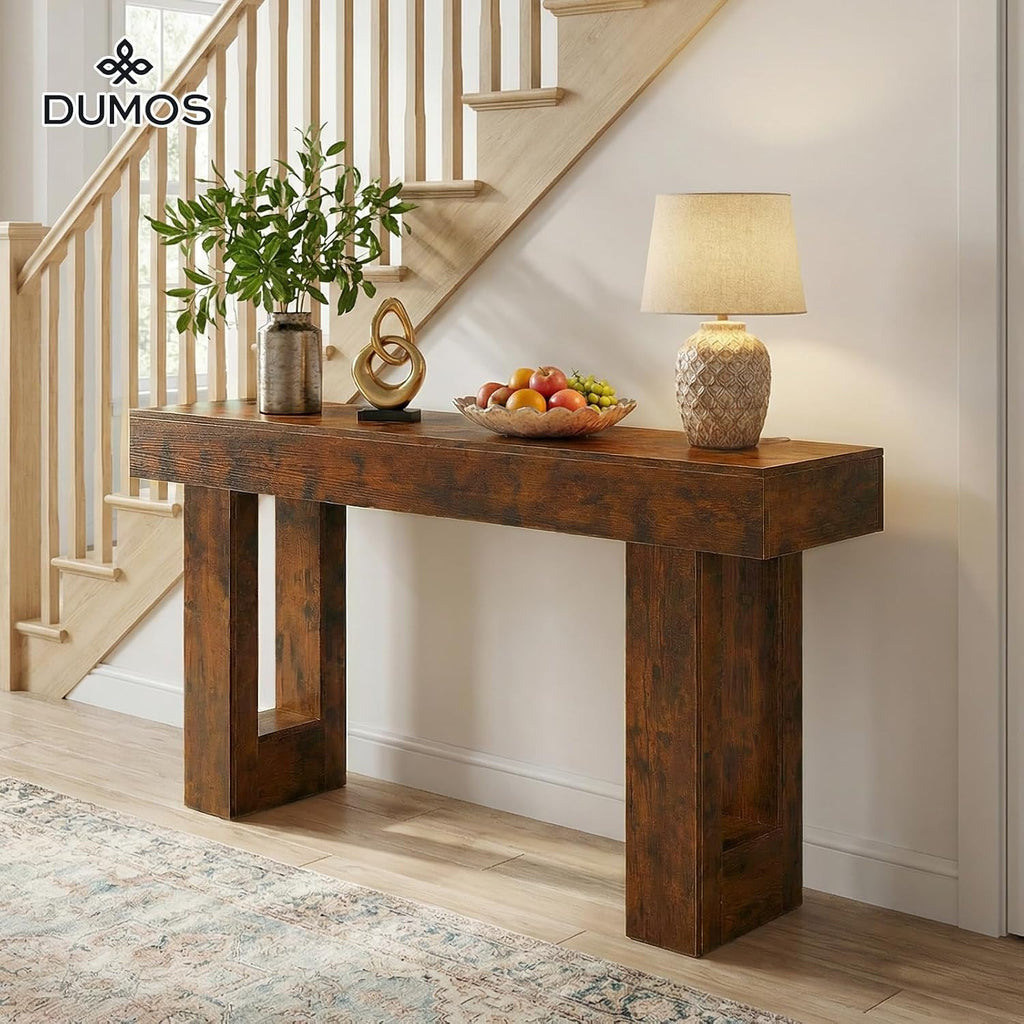 63-Inch Narrow Console Table, Sturdy Wooden Entryway Table with 5.9 Thick Top, Heavy Duty 155lbs Capacity, Space-Saving Sofa Table for Living Room, Hallway, Entrance, Foyer, Brown