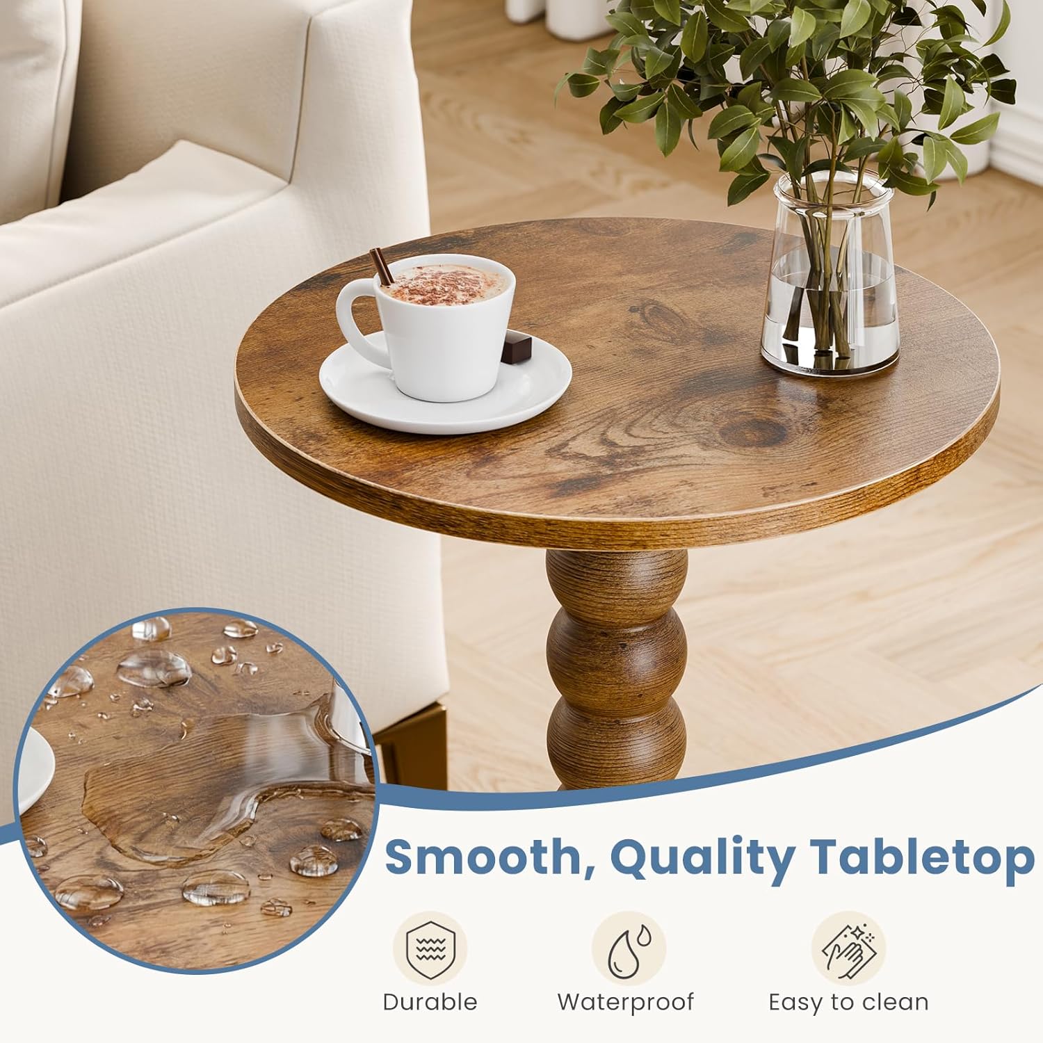 Round Side Table for Small Spaces, Modern Accent End Table with Solid Wood Leg, Versatile Drink Table for Living Room, Bedroom, Corners, Brown 2 Pack