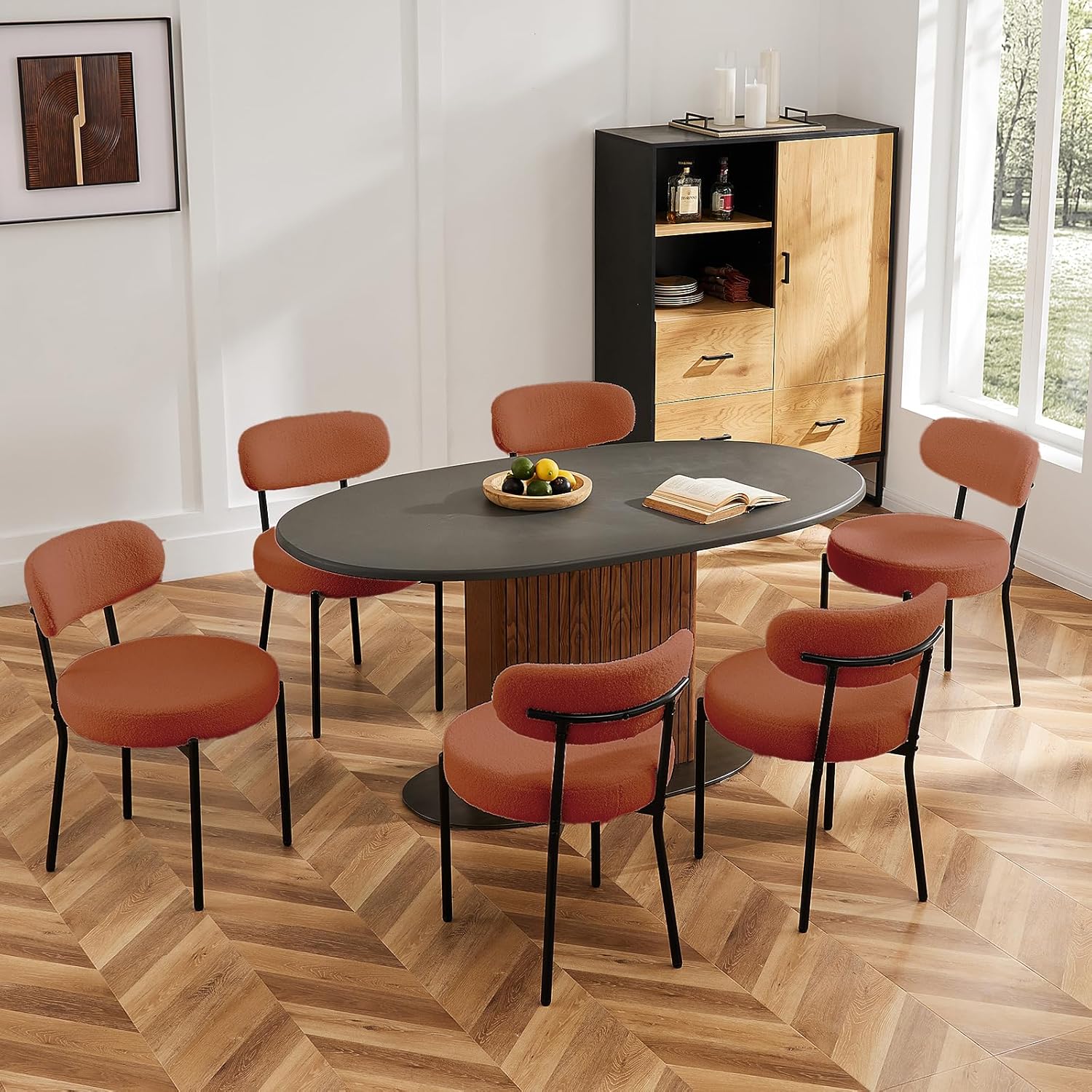 Dining Chairs Set of 6, Mid Century Modern Chair Round Upholstered Curved Backrest, Kitchen Vanity Living Room Chairs with Black Metal Legs, Orange