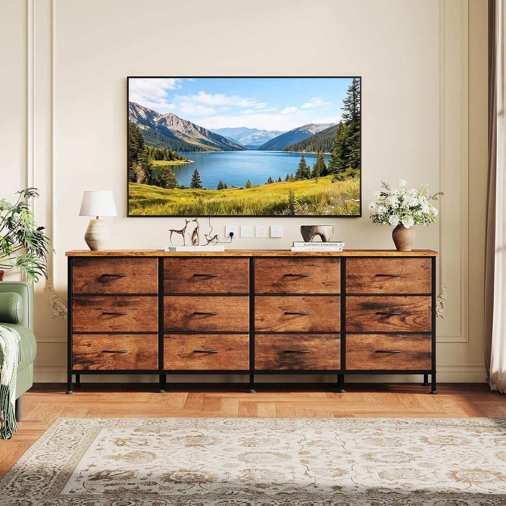 TV Stand for Bedroom with Storage TV Stands for Living Room Rustic, 12 Drawer Dresser Farmhouse Entertainment Center for up to 80 Inch TVs, Media Console Table with Metal Frame Adjustable Feet