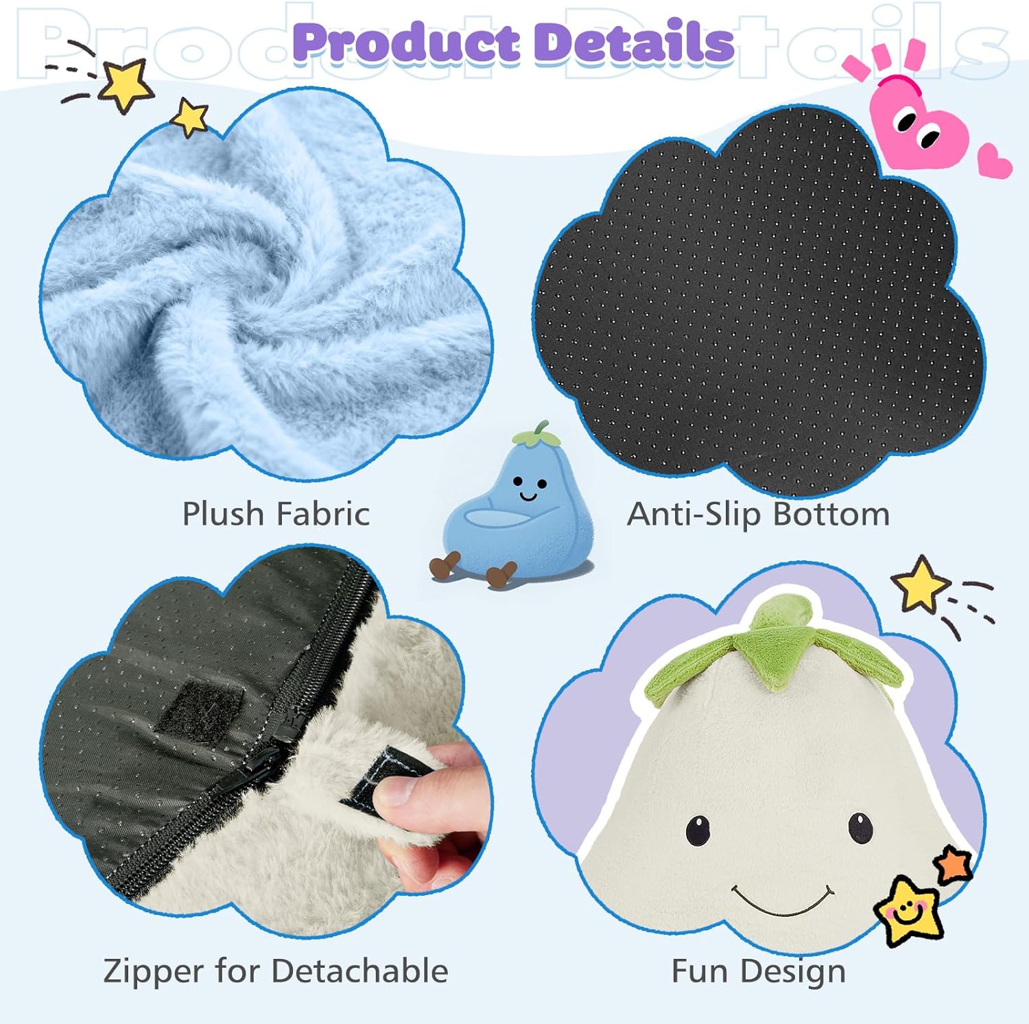 Kids Bean Bag Chair, Stuffed Toddler Couch with Faux Rabbit Fur Cover for Teens & Kids, Comfy Lazy Sofa Chair for Reader, Living Room, Bedroom, Aged 4-12 Years, 24 Inch, Blue