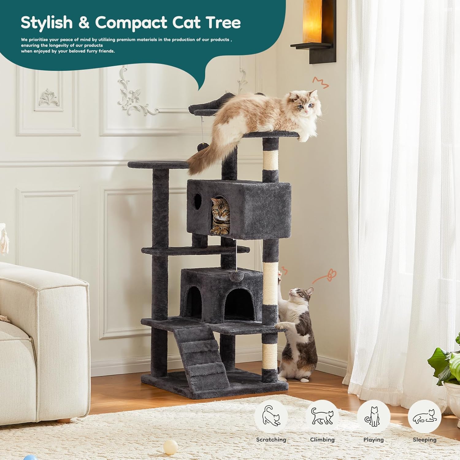 54-inch Indoor Cat Tree Tower ?CMulti-Level Pet House for Large Cats with 2 Condos, Scratching Posts, Round Platform, Small Ladder, and Toys ?C Perfect for Cats of All Ages, Dark Grey