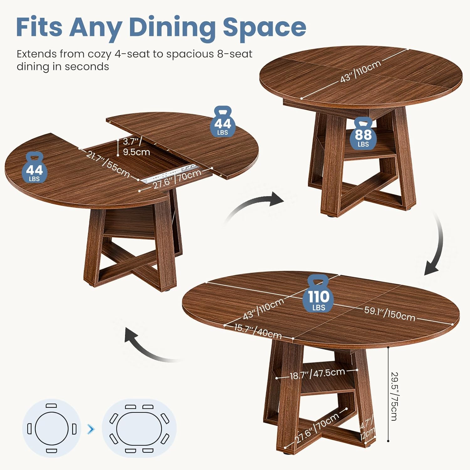 Extendable Round Dining Table for 4-8, Modern Kitchen Oval Dinner Table with Storage Shelf, Wood Pedestal Table, Space Saving Modern Style, Brown