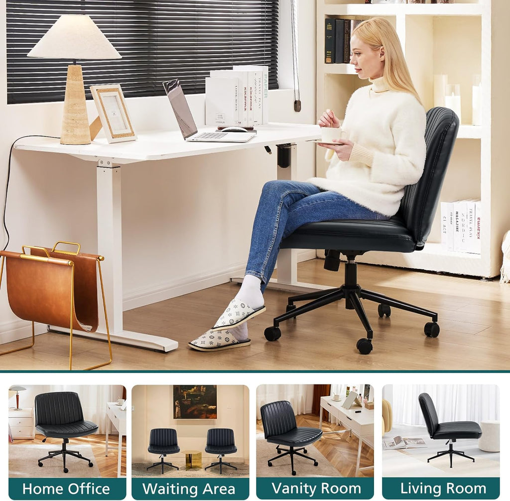 Criss Cross Chair with Wheels Wide Cross Legged Office Desk Vanity Chair Comfy Fabric Armless Adjustable Swivel for Home Computer Task PU Black