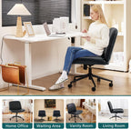Criss Cross Chair with Wheels Wide Cross Legged Office Desk Vanity Chair Comfy Fabric Armless Adjustable Swivel for Home Computer Task PU Black