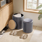 Round Ottoman with Storage Set of 2, Vanity Stool Chair with Storage, Makeup Cute Soft Small Footstool Modern Style Coffee Table, Small Velvet Foot Stool for Living Room Bedroom Dorm, Deep Grey