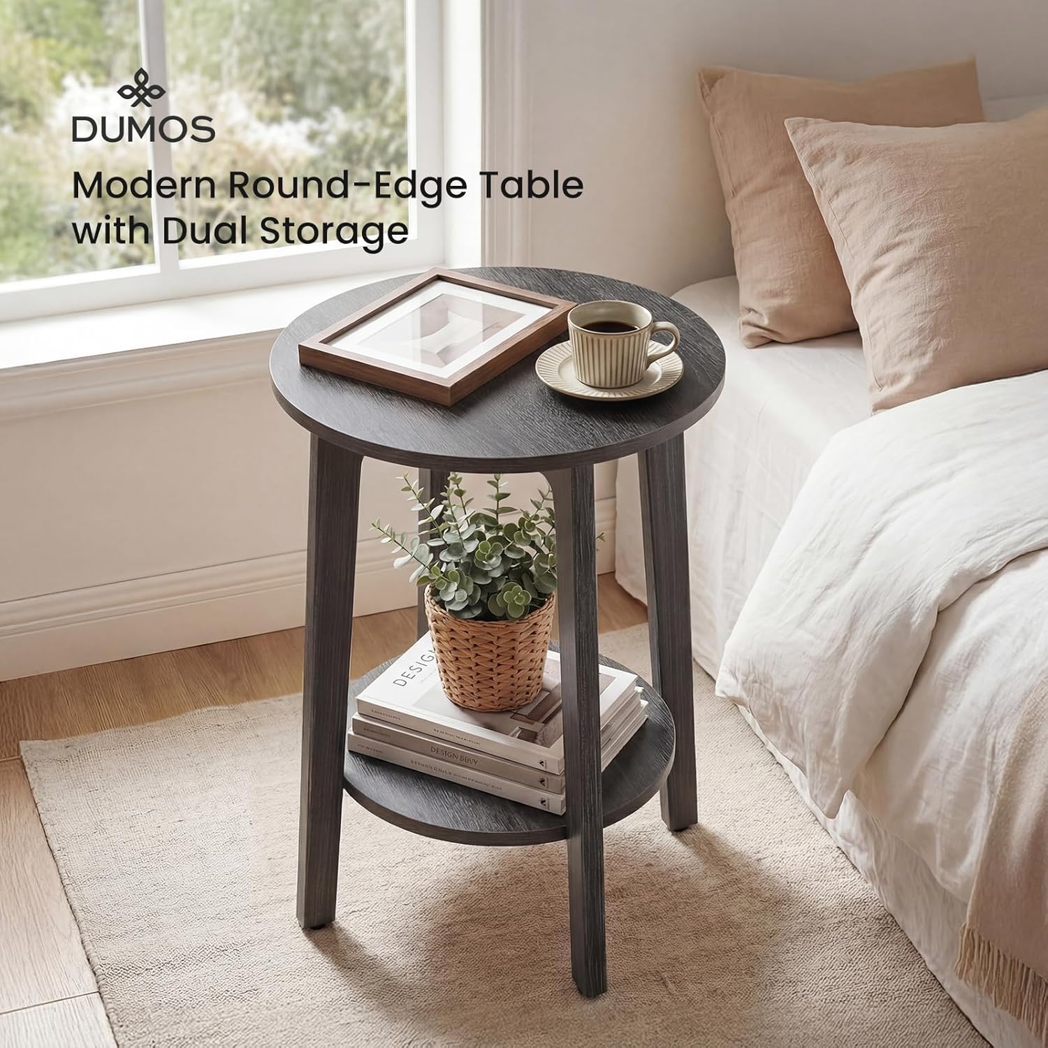 Small Round Side Tables Set of 2 for Living Room, 2-Tier Wood End Tables with Storage Shelf, 220 Lbs, Sturdy Bedside Nightstands with Non-Slip Pads, Easy Assembly, Grey