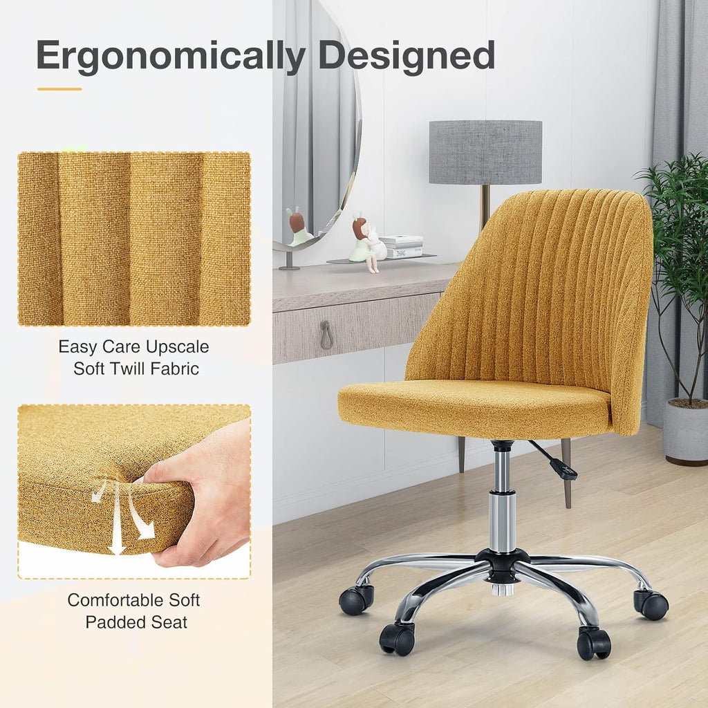 Armless Vanity Chair, Cute Comfy Home Office Desk Chair with Wheels, Modern Upholstered Task Computer Seat for Bedroom, Study, Makeup Vanity, Height Adjustable & Swivel, Yellow