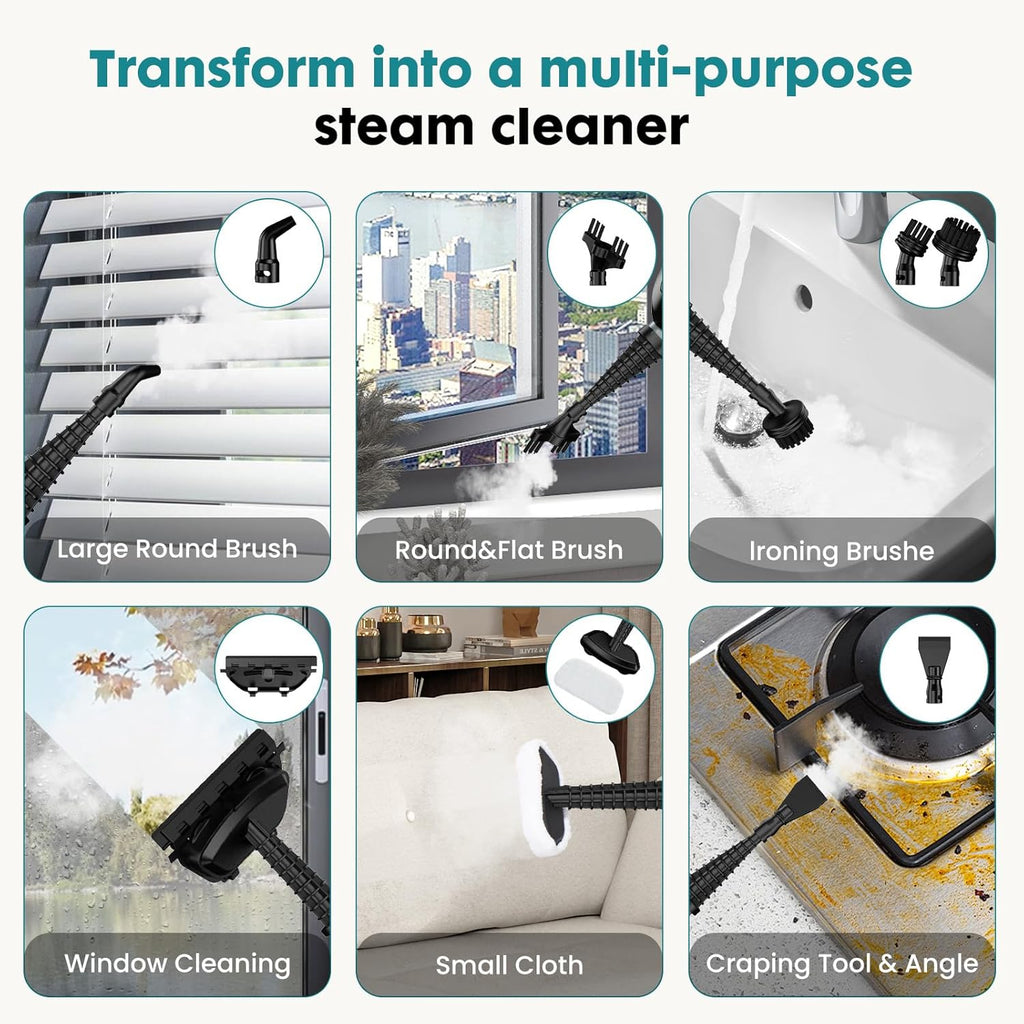 10-in-1 Steam Mop, 1550W Detachable Handheld Steam Cleaner for Floor Cleaning, 16FT Cord, 2 Washable Pads, Multi-Purpose Floor Steamer for Hardwood, Carpet, Tile, Grout, Windows, Black Grey