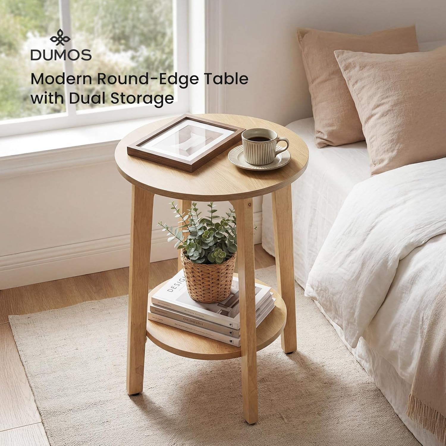 Small Round Side Table for Living Room, 2-Tier Wood End Table with Storage Shelf, 220 Lbs, Sturdy Bedside Nightstand with Non-Slip Pads, Easy Assembly, Natural Wood
