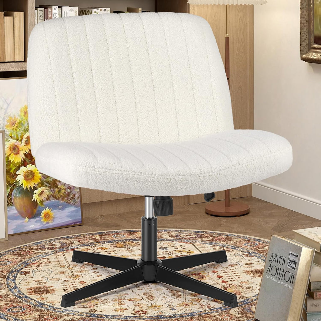 Criss Cross Chair with Wheels Wide Cross Legged Office Desk Vanity Chair Comfy Fabric Armless Adjustable Swivel for Home Computer Task PU Black