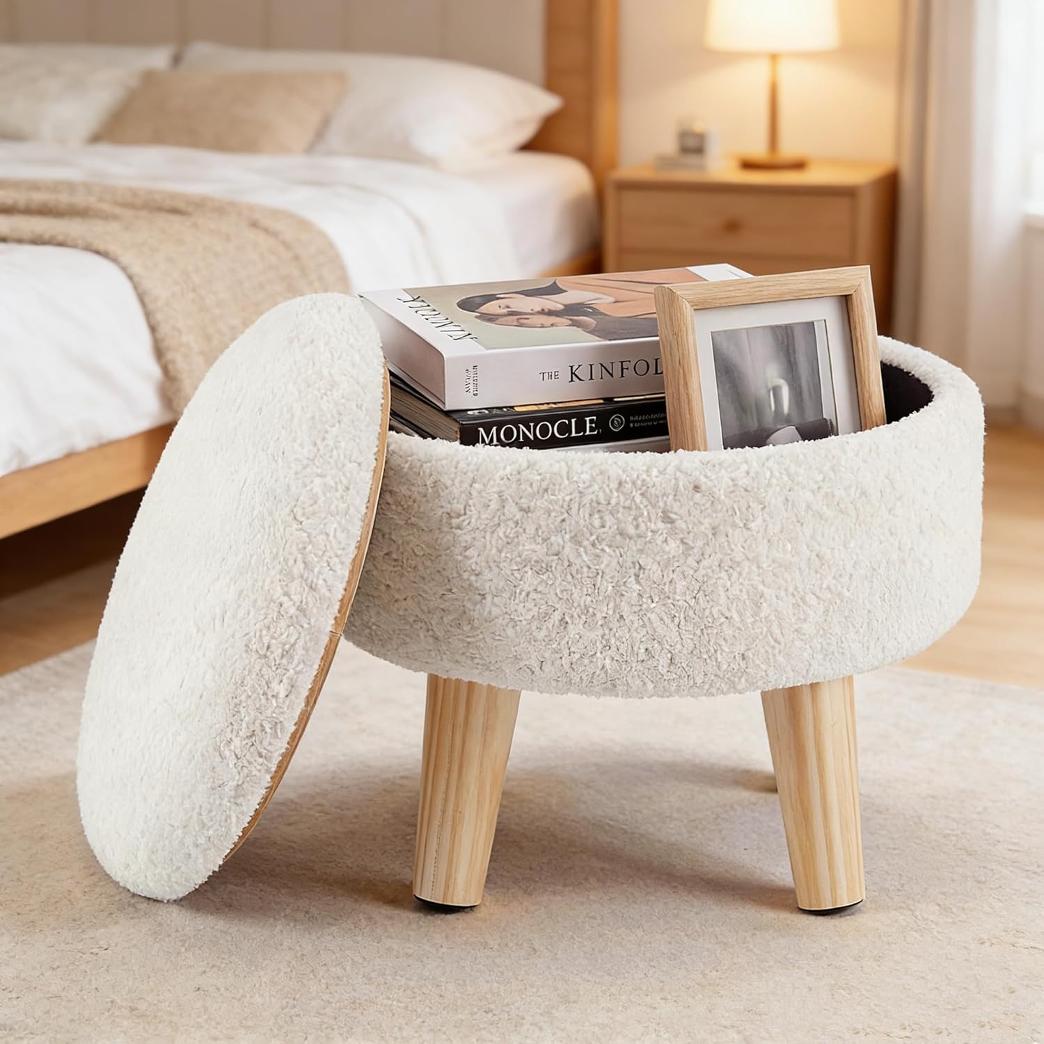 Round Storage Ottoman with Reversible Tray Lid, Multi-Functional Footrest, Teddy Velvet Footstool with Wood Legs, Small Coffee Table for Living Room, Bedroom, Beige
