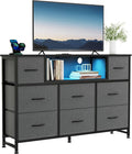 TV Stand Dresser with 8 Fabric Drawers and Open Shelves, LED Entertainment Center with Charging Station, Wood Top Media Console for 45-55 inch, Bedroom, Grey