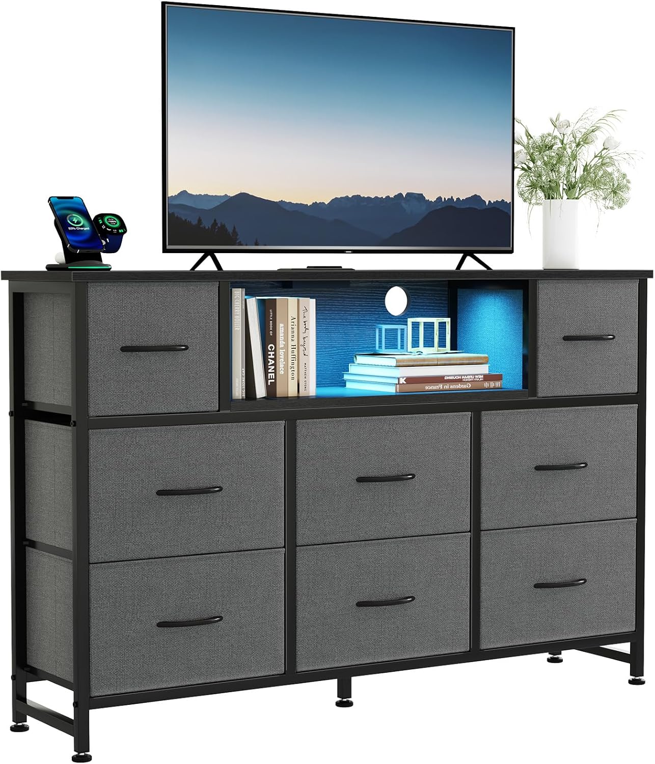 TV Stand Dresser with 8 Fabric Drawers and Open Shelves, LED Entertainment Center with Charging Station, Wood Top Media Console for 45-55 inch, Bedroom, Grey