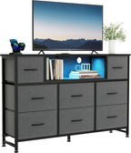 TV Stand Dresser with 9 Fabric Drawers and Open Shelves, Entertainment Center with LED Lights, Charging Station for Bedroom, Wood Top Media Console for 45-55 inch TV Stand with Storage, White