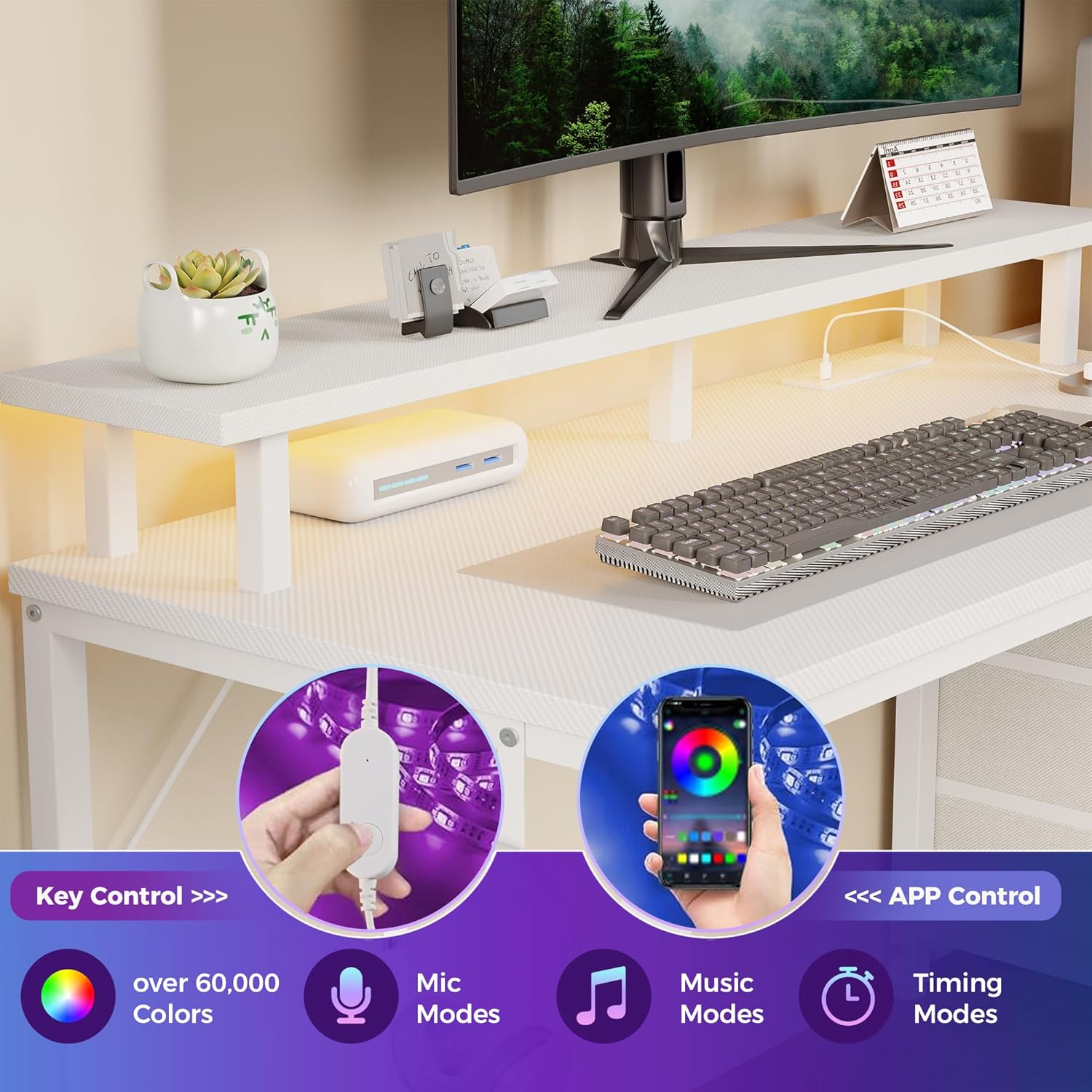 L Shaped Gaming Desk with Shelves Storage Drawers 52'', White Computer Desks with LED Lights Power Outlets, Office Wood Table with PC Stand Cable Management for Bedroom Dual Monitor Streaming