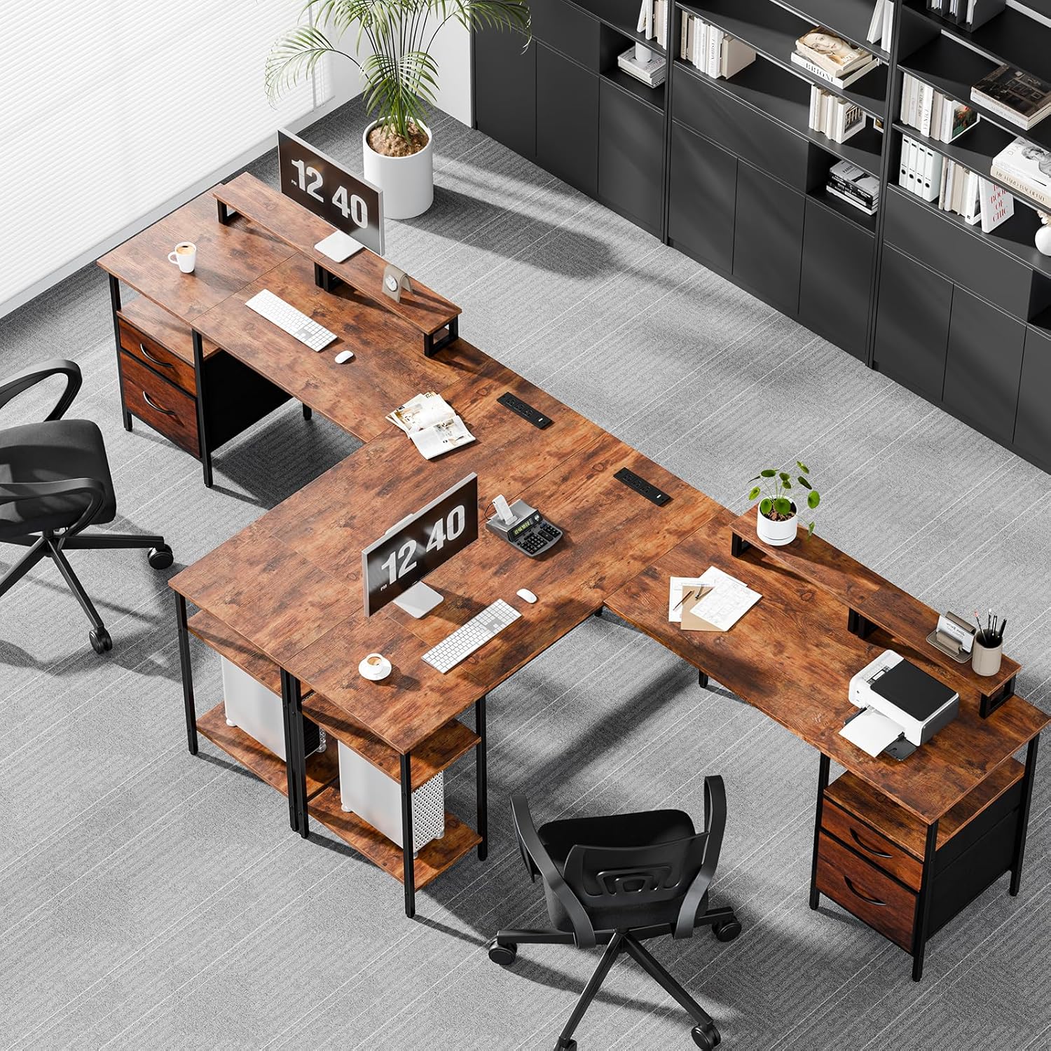 L Shaped Gaming Desk with Charging Station & 2 Monitor Stands, Computer Desk with Drawer & Adjustable Storage Shelves, Large Corner Desk for Home Office, 62 Inch Rust Wood