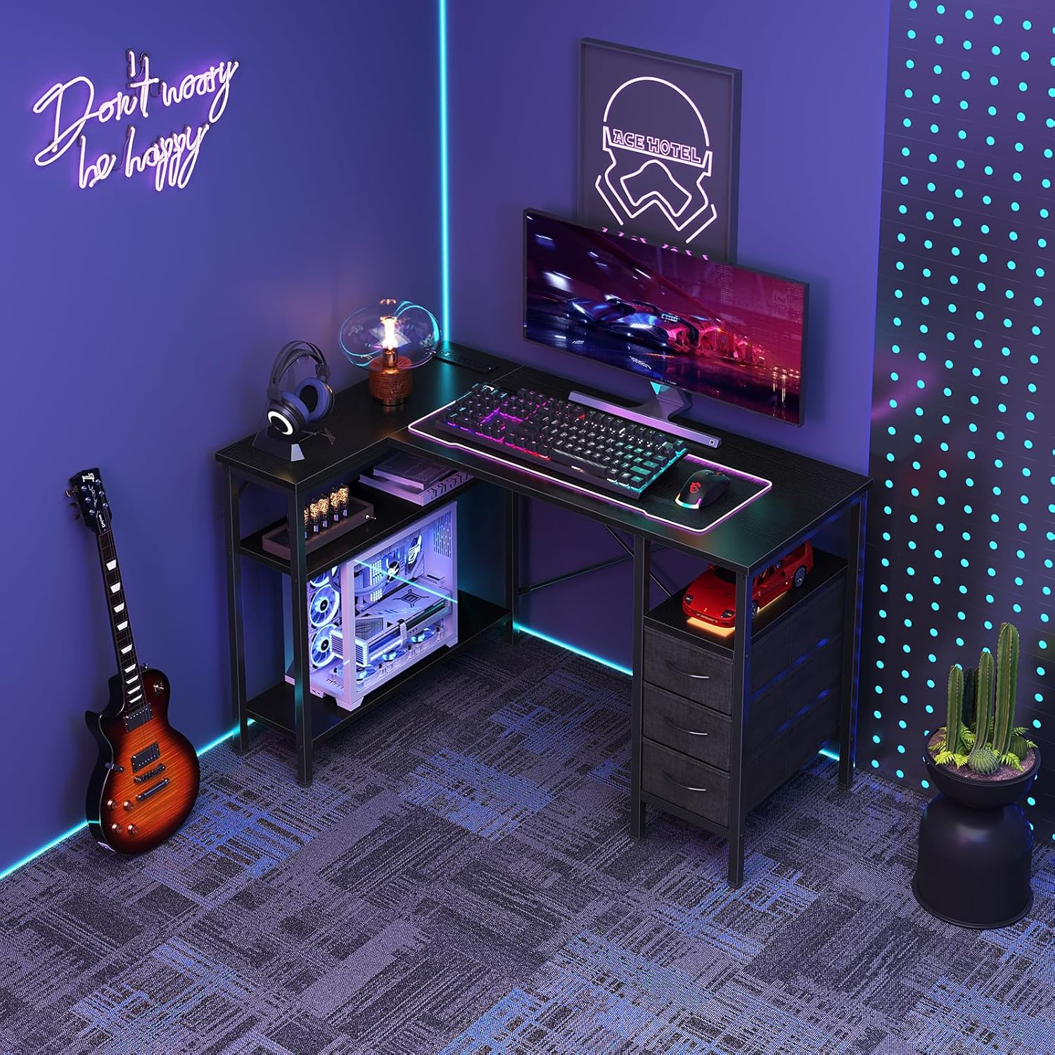 L Shaped Desk with Shelf Drawers 47 Inch, Black Corner Computer Desks Gaming with Power Outlet, Study Table with Adjustable Shelves, Home Office Tables for Bedroom Teacher Reading Writing