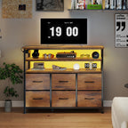 TV Stand for Up to 45 inch TV, Wood Top TV Media Console Table with 6 Fabric Drawers, 2 Shelves, Entertainment Center with LED Lights & Charging Station for Living Room, Hallway, Brown