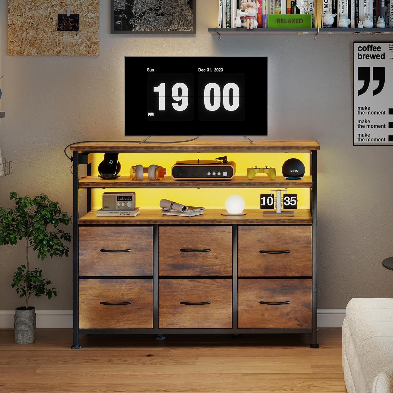 TV Stand for Up to 45 inch TV, Wood Top TV Media Console Table with 6 Fabric Drawers, 2 Shelves, Entertainment Center with LED Lights & Charging Station for Living Room, Hallway, Brown