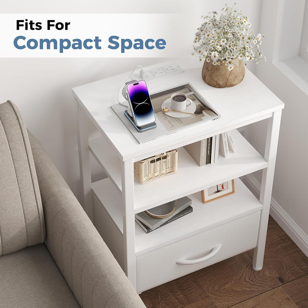 Nightstands Set of 2 with Charging Station, Bedside Table with USB Ports & Type-C, 2 Fabric Drawers Night Stand with Open Shelf, Compact End Table for Bedroom, Rustic Brown