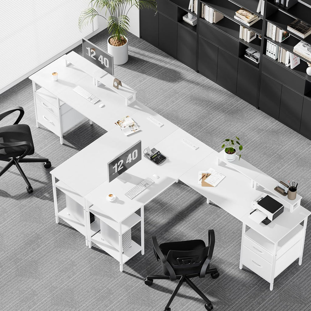 62 Inch L Shaped Gaming Desk with Charging Station & 2 Monitor Stands, Computer Desk with Drawer & Adjustable Storage Shelves, Large Corner Desk for Home Office, White