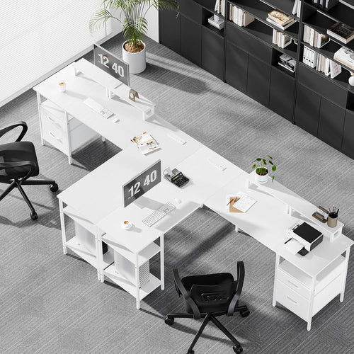 62 Inch L Shaped Gaming Desk with Charging Station & 2 Monitor Stands, Computer Desk with Drawer & Adjustable Storage Shelves, Large Corner Desk for Home Office, White