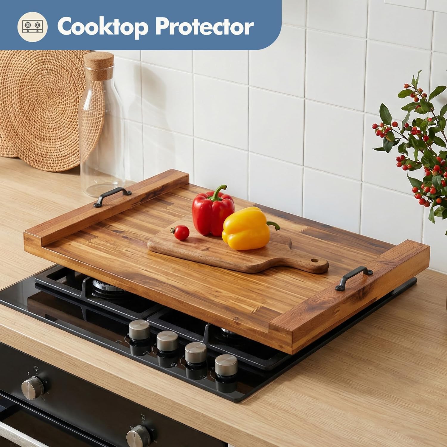 Noodle Board Stove Cover with Handles, Wooden Stove Top Cover for Gas Electric Glass Stove, 22 x 29.5 inch(Light Brown)