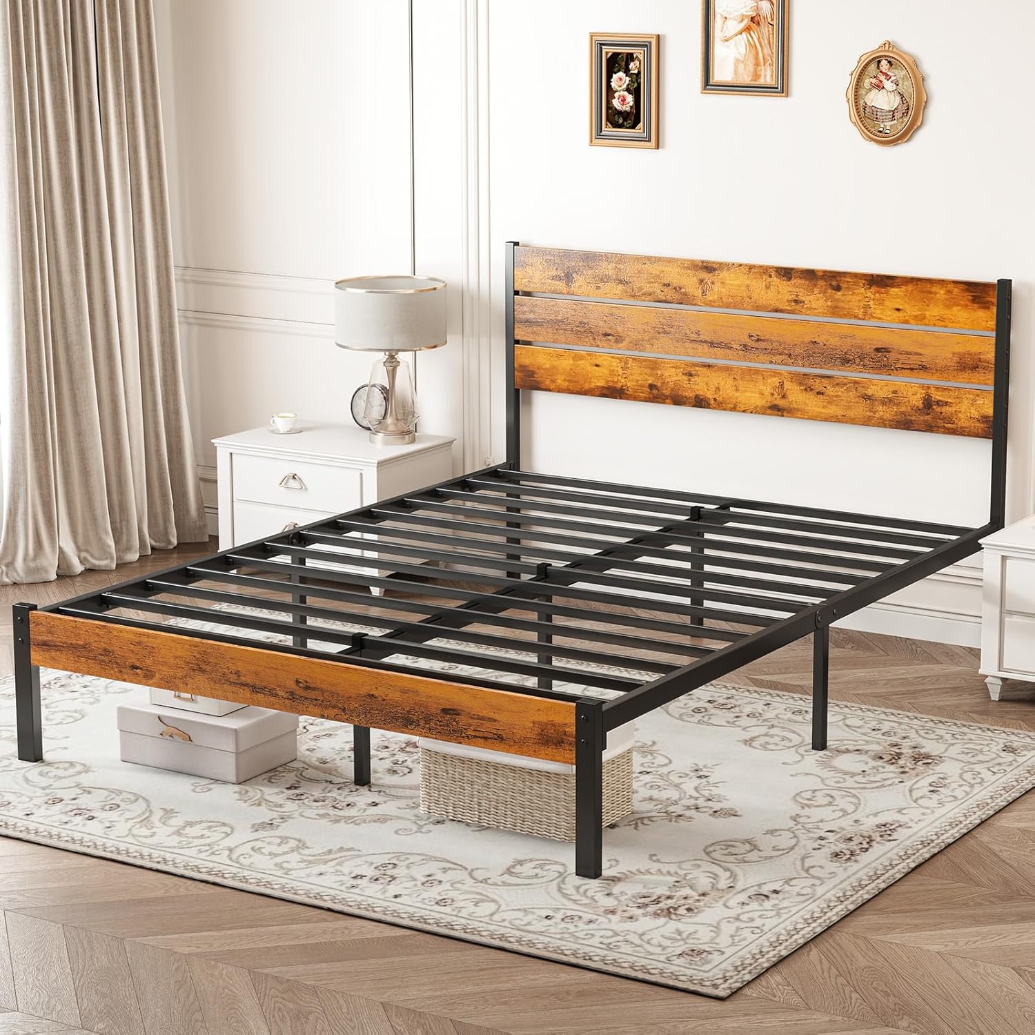 Queen Size Bed Frame with Headboard, 800LBS Mattress Foundation with All Sturdy Metal Support, Under Bed Storage, No Box Spring Needed, Easy Assembly, Rust Brown