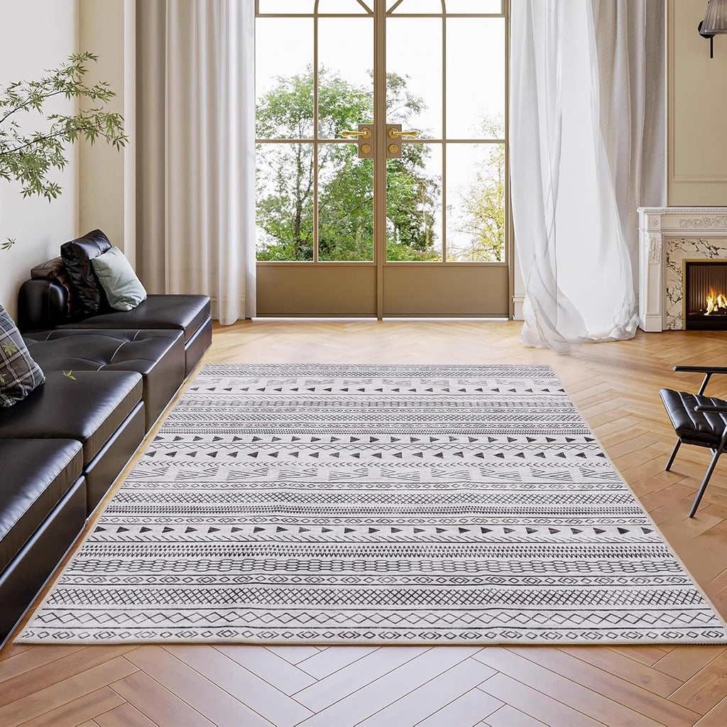 8x10 FT Large Area Rug for Living Room, Machine Washable Low-Pile Rug with Non-Slip Backing, Durable Edge Binding for Bedroom, Dining Room, Vintage Style, Beige