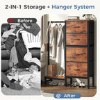 Dresser with Hanging Rack, 4-in-1 Fabric Dresser for Bedroom, Closet Organizer with Clothes Rack, Shoe Rack & Hooks, Tall Storage Tower for Small Spaces, Apartment, Dorm, Rustic Brown