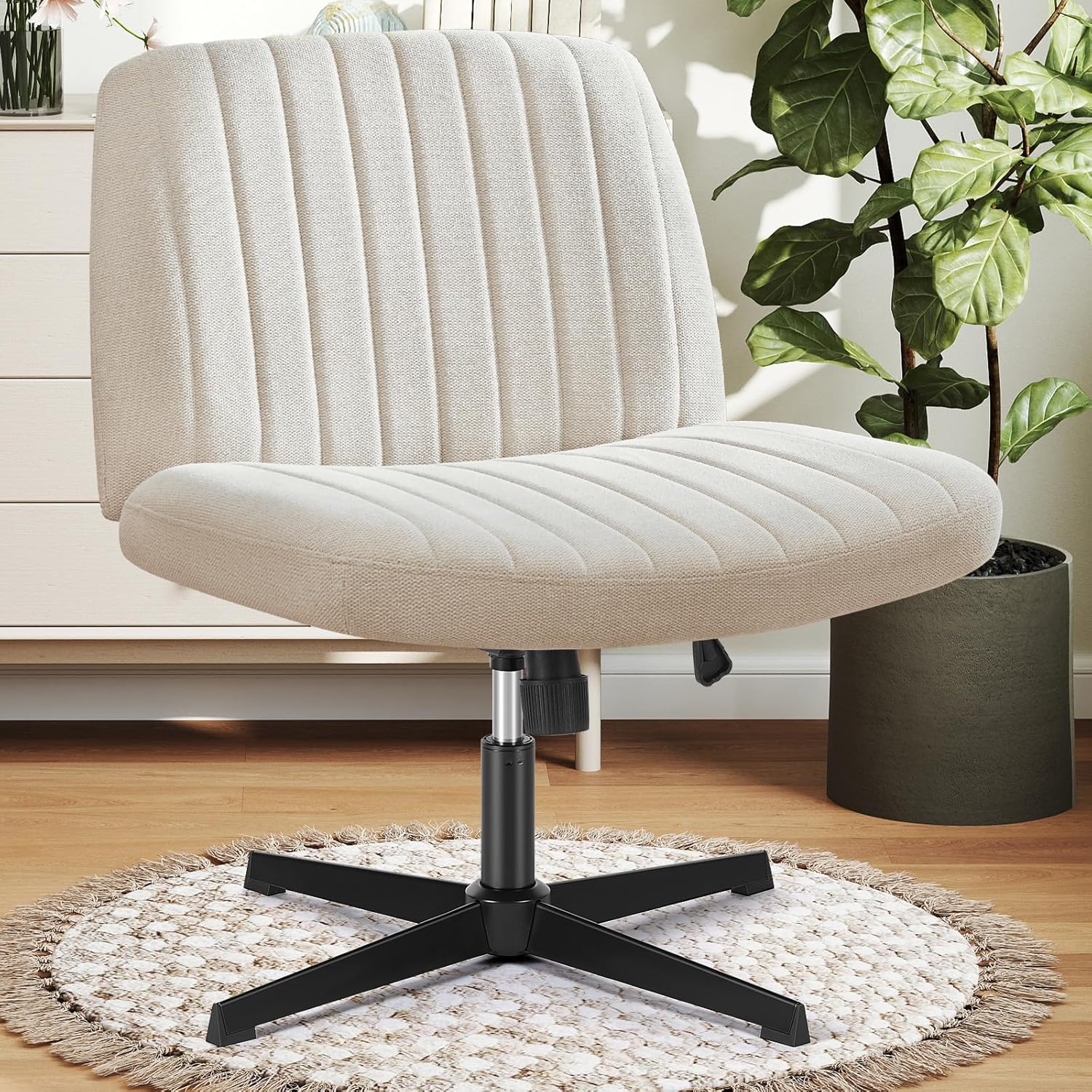 Criss Cross Chair No Wheels, Legged Office Desk Armless Chair Wide Seat, Adjustable Swivel Teddy Fabric Task Vanity Chairs for Home Bedroom, Beige