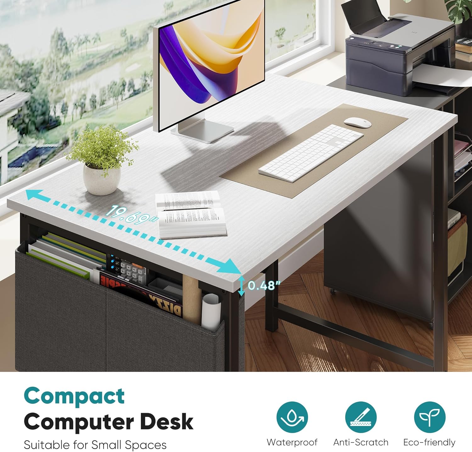 Computer Desk 31 Inch Home Office Desks for Small Spaces, Gaming Writing Study Work Table with Storage Bag for Bedroom, White