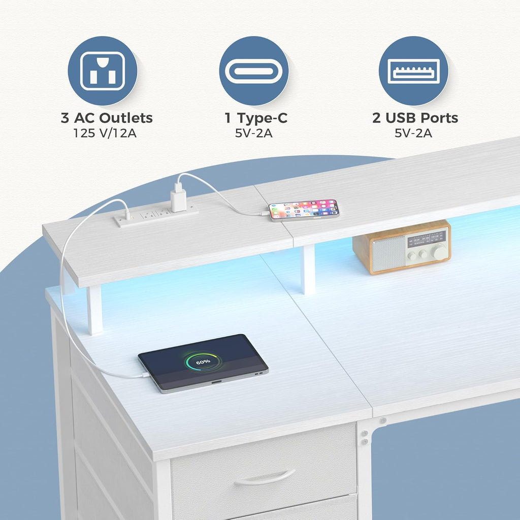 Computer Desk with 4 Drawers,4 Drawer Gaming Desk with Power Outlets and LED Lights,Office Desk for Small Spaces with Monitor Shelf,Writing Desk for Home Office, Bedroom,Study 45 Inch White