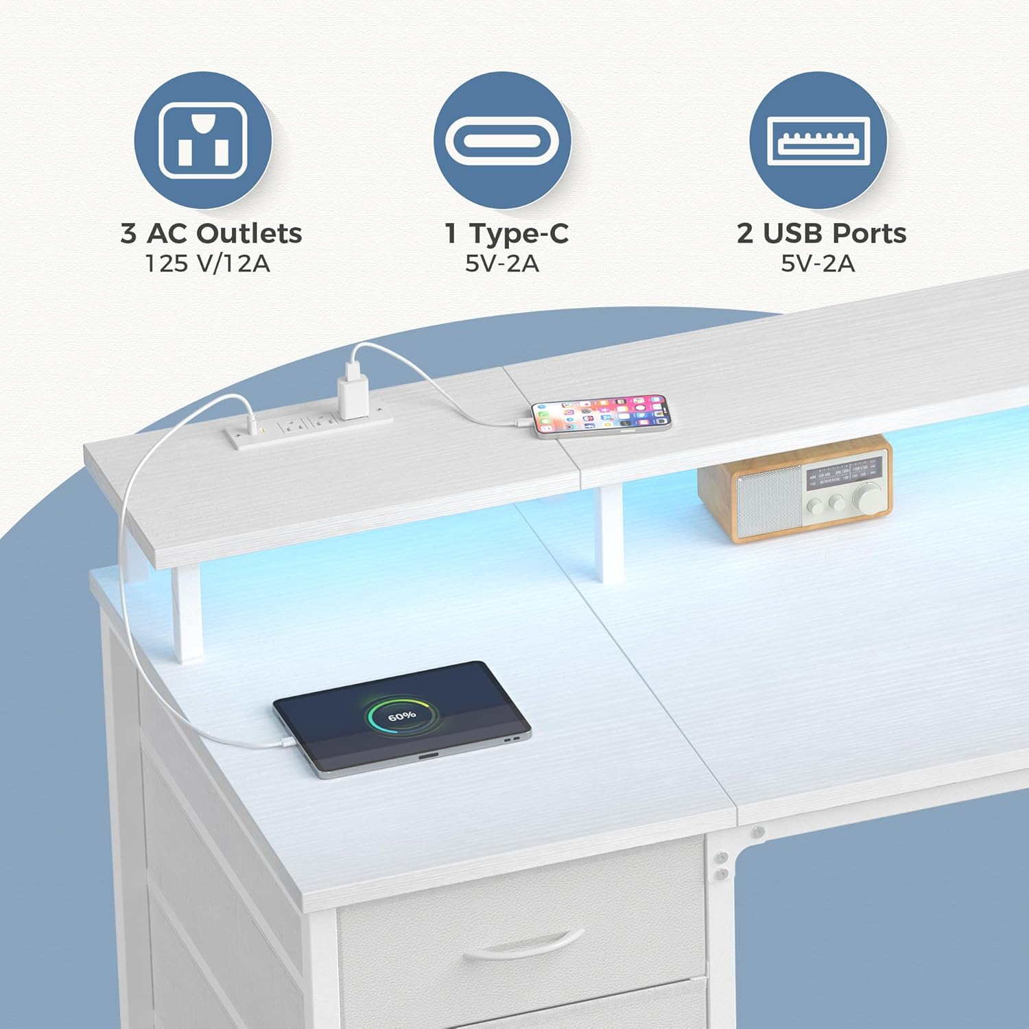 Computer Desk with 4 Drawers,4 Drawer Gaming Desk with Power Outlets and LED Lights,Office Desk for Small Spaces with Monitor Shelf,Writing Desk for Home Office, Bedroom,Study 45 Inch White