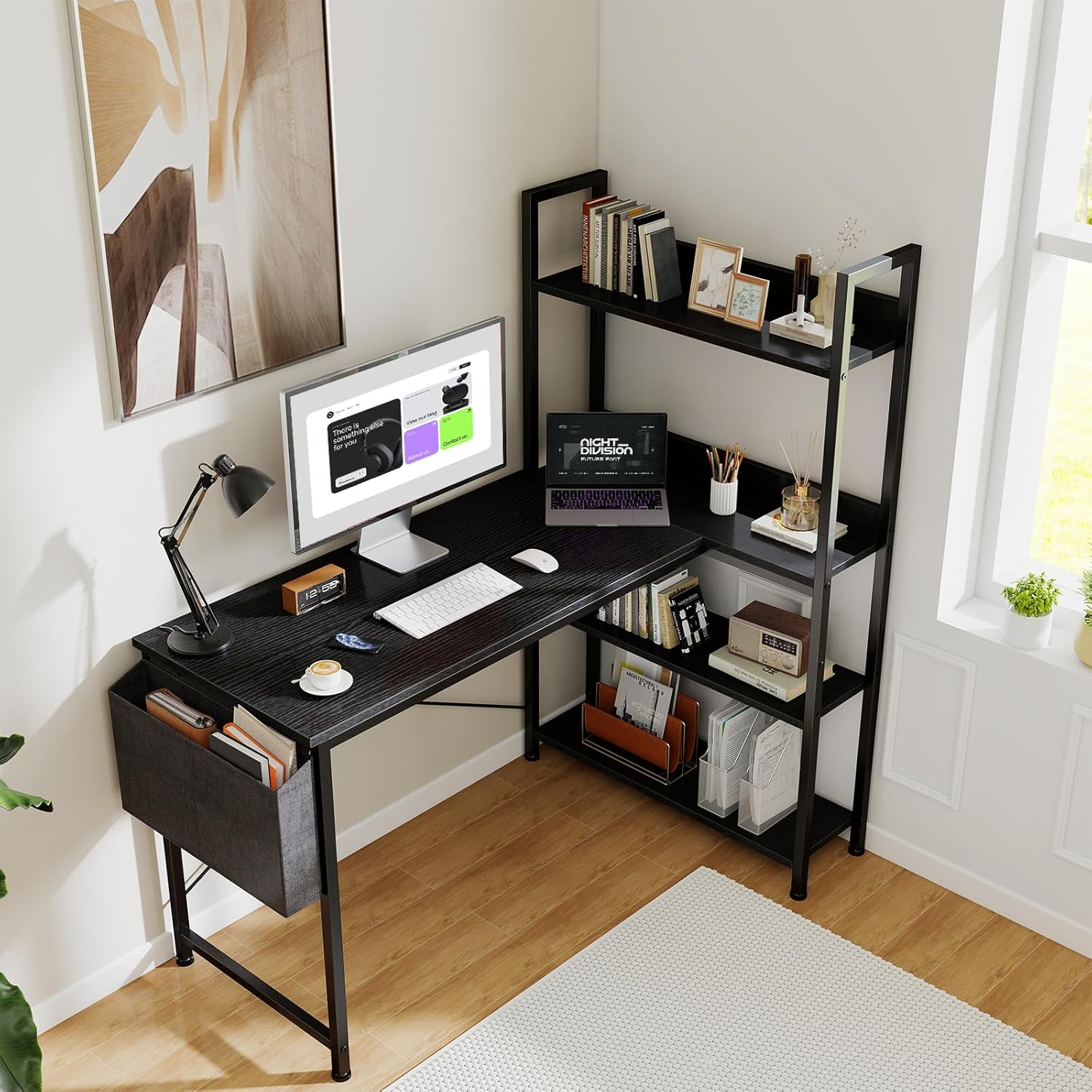 L Shaped Desk Corner Computer Table 47 Inch, L-Shaped Gaming Desks with Storage Shelf Reversible, Wood Tables with Side Bag Adjustable Feet for 2 Monitors Small Space Home Office Bedroom, Black