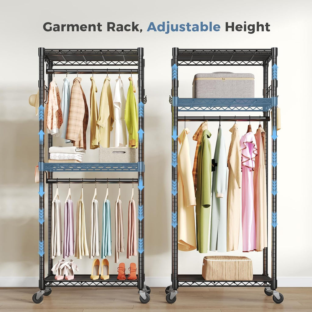 Portable Closet, Rolling Clothes Rack, 29 x 15 x 75 Wardrobe Closet with Adjustable Shelves, Metal Garment Rack with Lockable Wheel, for Cloakroom, Bedroom Storage, Laundry Room, Black