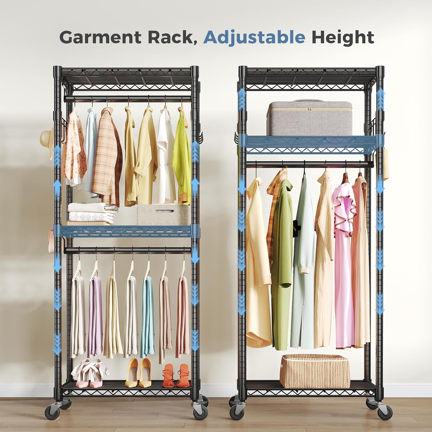 Portable Closet, Rolling Clothes Rack, 29 x 15 x 75 Wardrobe Closet with Adjustable Shelves, Metal Garment Rack with Lockable Wheel, for Cloakroom, Bedroom Storage, Laundry Room, Black