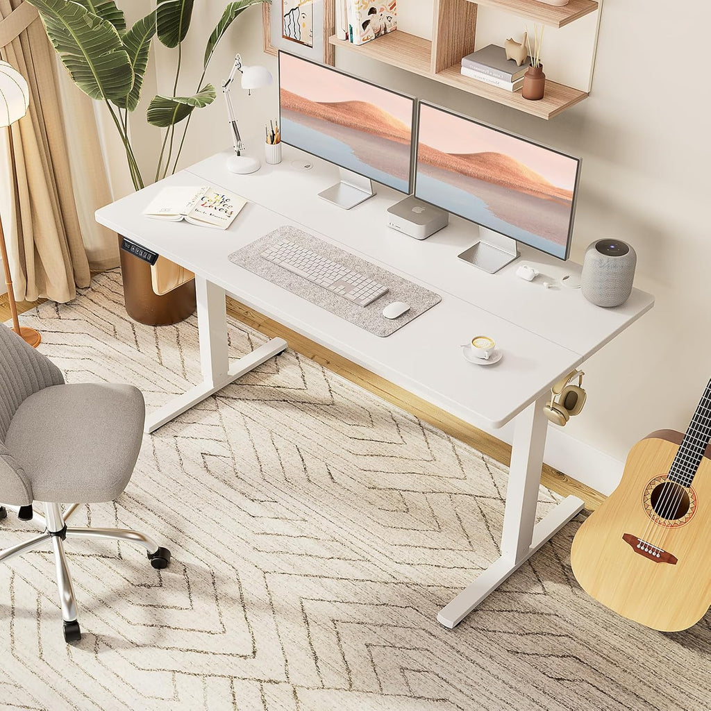 Electric Standing Desk Adjustable Height, 55x24 Inch Sit Stand Up Home Office Desks Memory Computer Workstation PC Work Table with Preset Splice Wood Board Metal Frame, White
