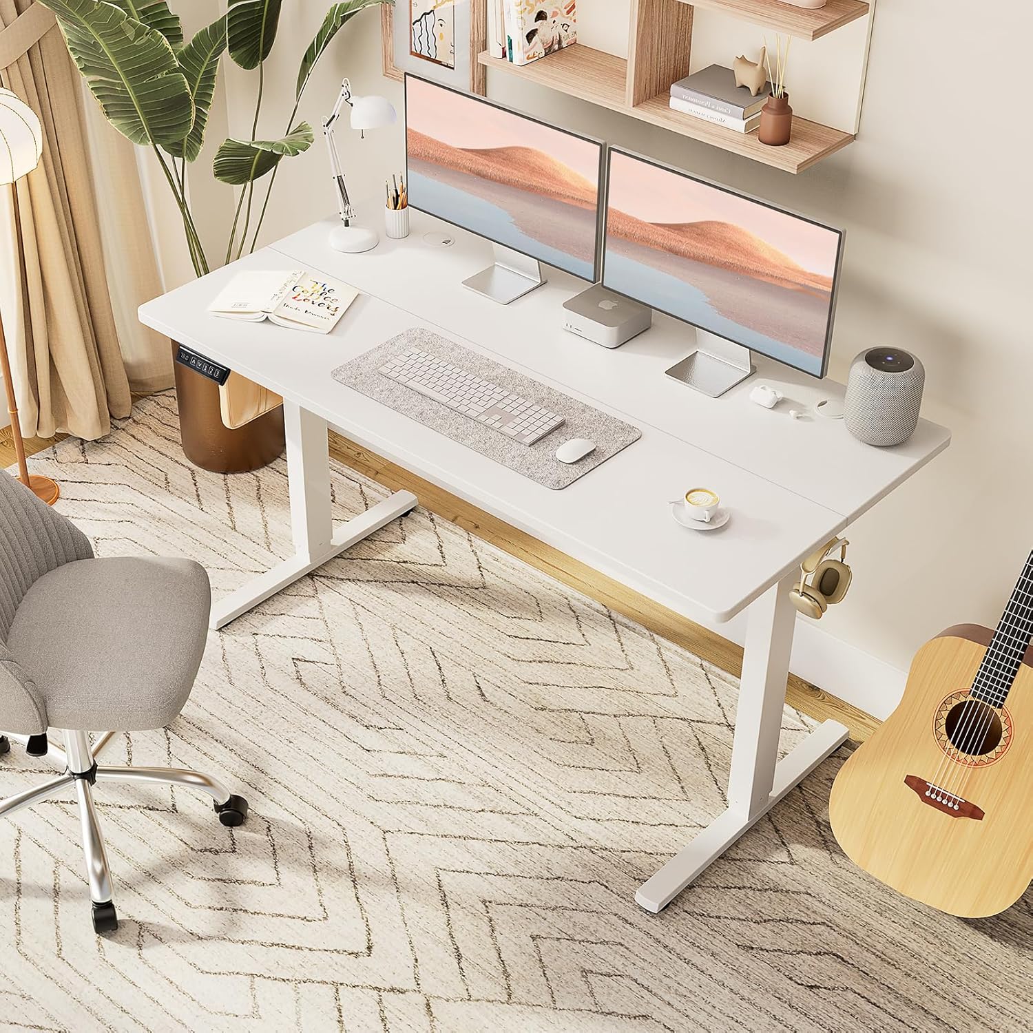 Electric Standing Desk Adjustable Height, 55x24 Inch Sit Stand Up Home Office Desks Memory Computer Workstation PC Work Table with Preset Splice Wood Board Metal Frame, White