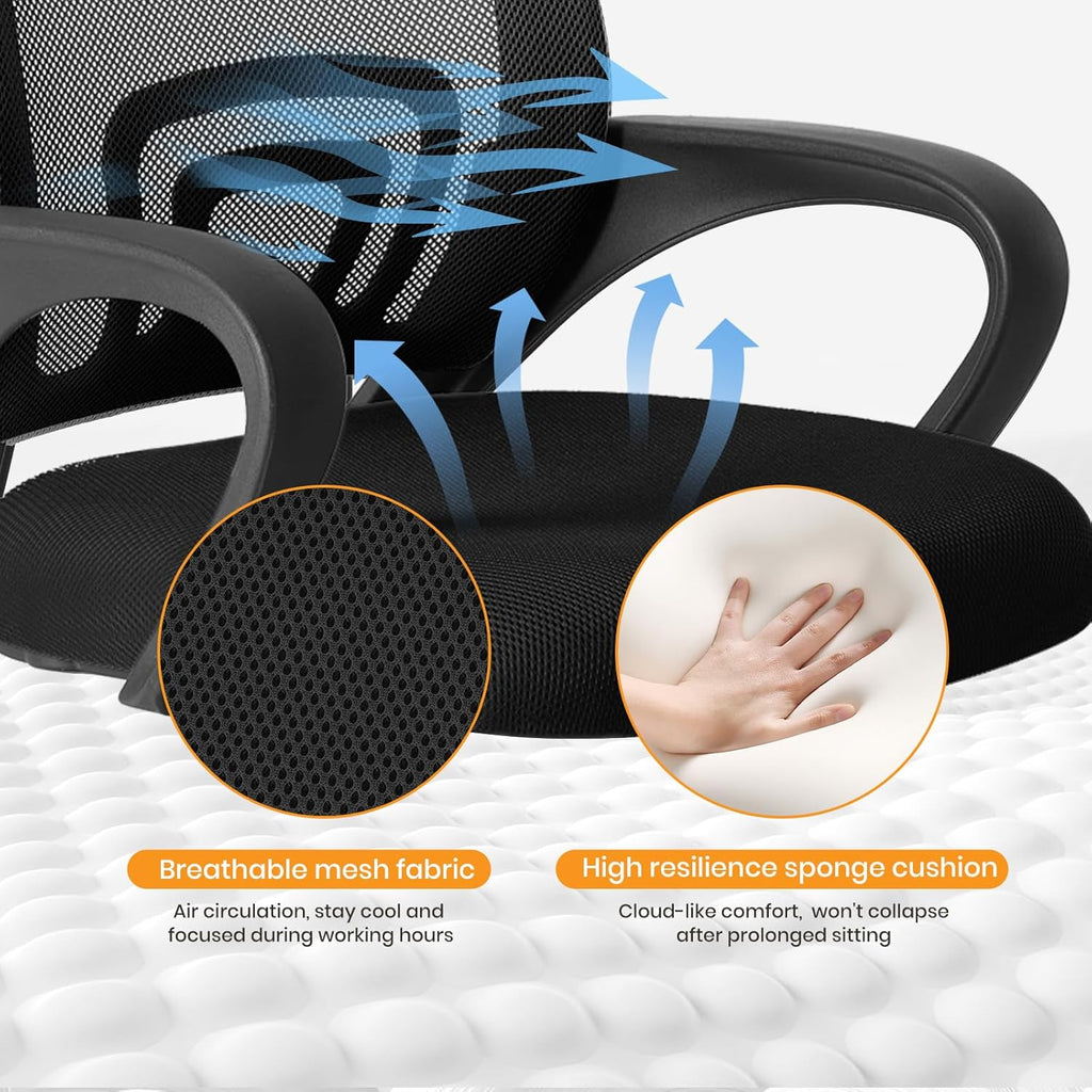 Office Desk Chair - Ergonomic Mid Back with Lumbar Support & Rocking Mode, Height Adjustable with Fixed Armrest, Storage Back for Computer, Gaming, Conference, Meeting, 360?? Swivel, Black