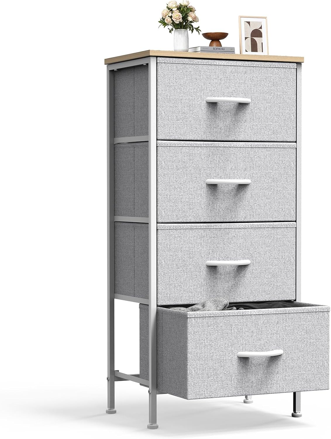 4 Fabric Drawer Small Dresser, Bedside Nightstand with Wooden Top Sturdy Frame, Entryway Closet Bedroom Storage Cabinet Furniture for Dorm,White