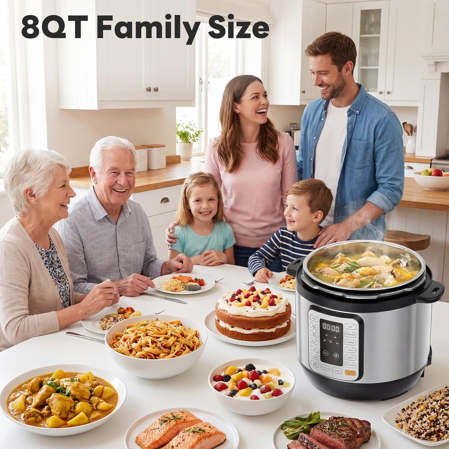 Electric Pressure Cooker 16-in-1, 8QT Programmable Multi Cooker with 12 One-Touch Presets, Soup Steam Yogurt and More, Ceramic Inner Pot Delay Start & Keep Warm, Includes Recipe Guide, Silver