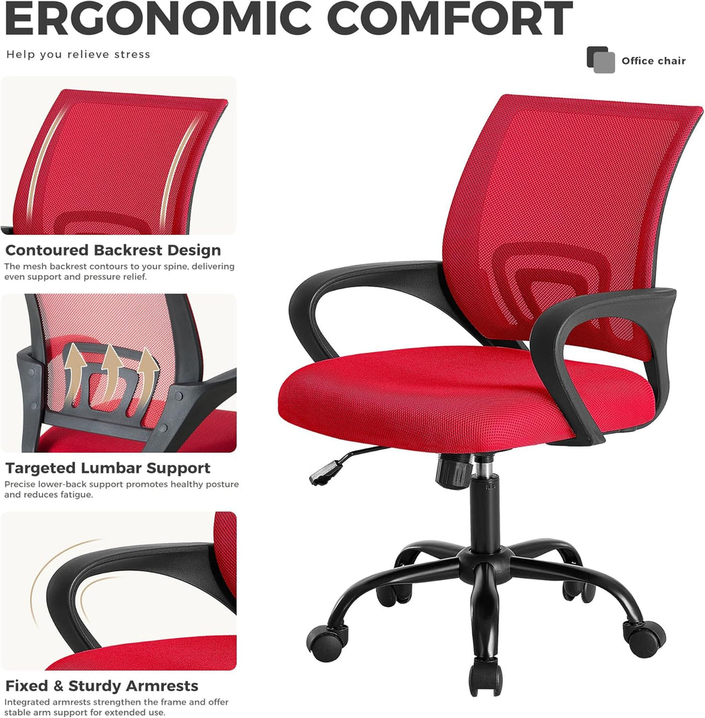Office Desk Chair - Ergonomic Mid Back with Lumbar Support & Rocking Mode, Height Adjustable with Fixed Armrest, for Home, Computer, Gaming, Conference, Meeting Room, 360?? Swivel, Red, 2 Pack