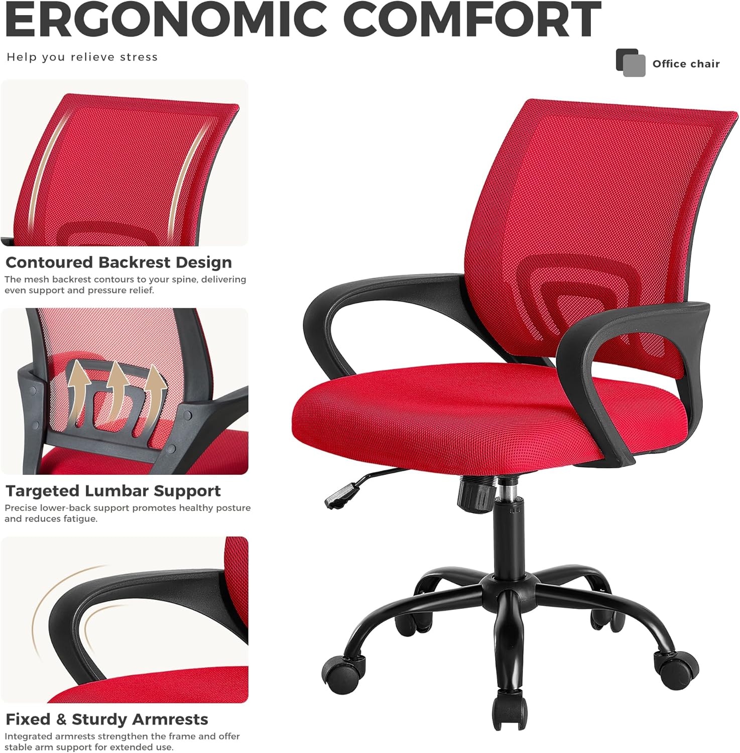 Office Desk Chair - Ergonomic Mid Back with Lumbar Support & Rocking Mode, Height Adjustable with Fixed Armrest, for Home, Computer, Gaming, Conference, Meeting Room, 360?? Swivel, Red, 2 Pack