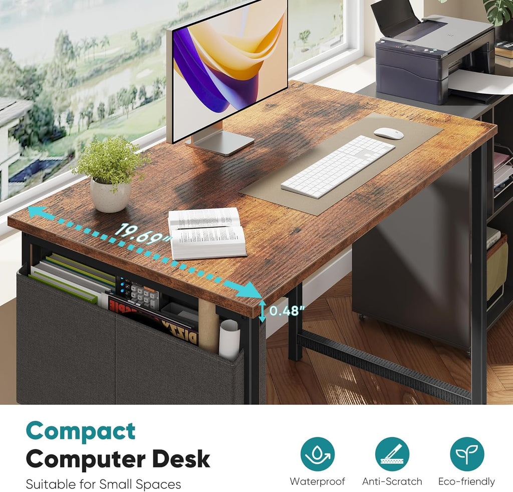 Computer Desk 31 Inch Home Office Desks for Small Spaces, Gaming Writing Study Work Table with Storage Bag for Bedroom, Rustic Brown